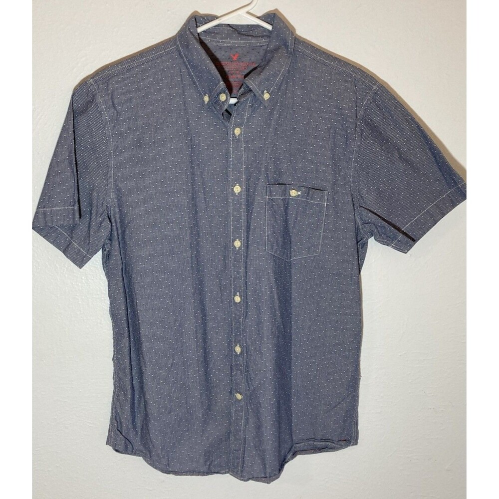American Mens shirt medium m Trim Fit Blue Button Down Short Sleeve